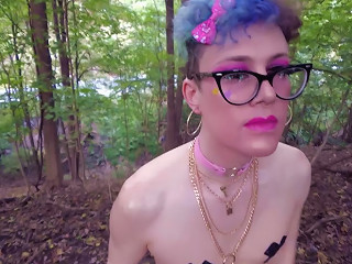 Sissy Femboy Naked And Lubed Up On A Public Trail In The Woods Ass Fuck And Piss
